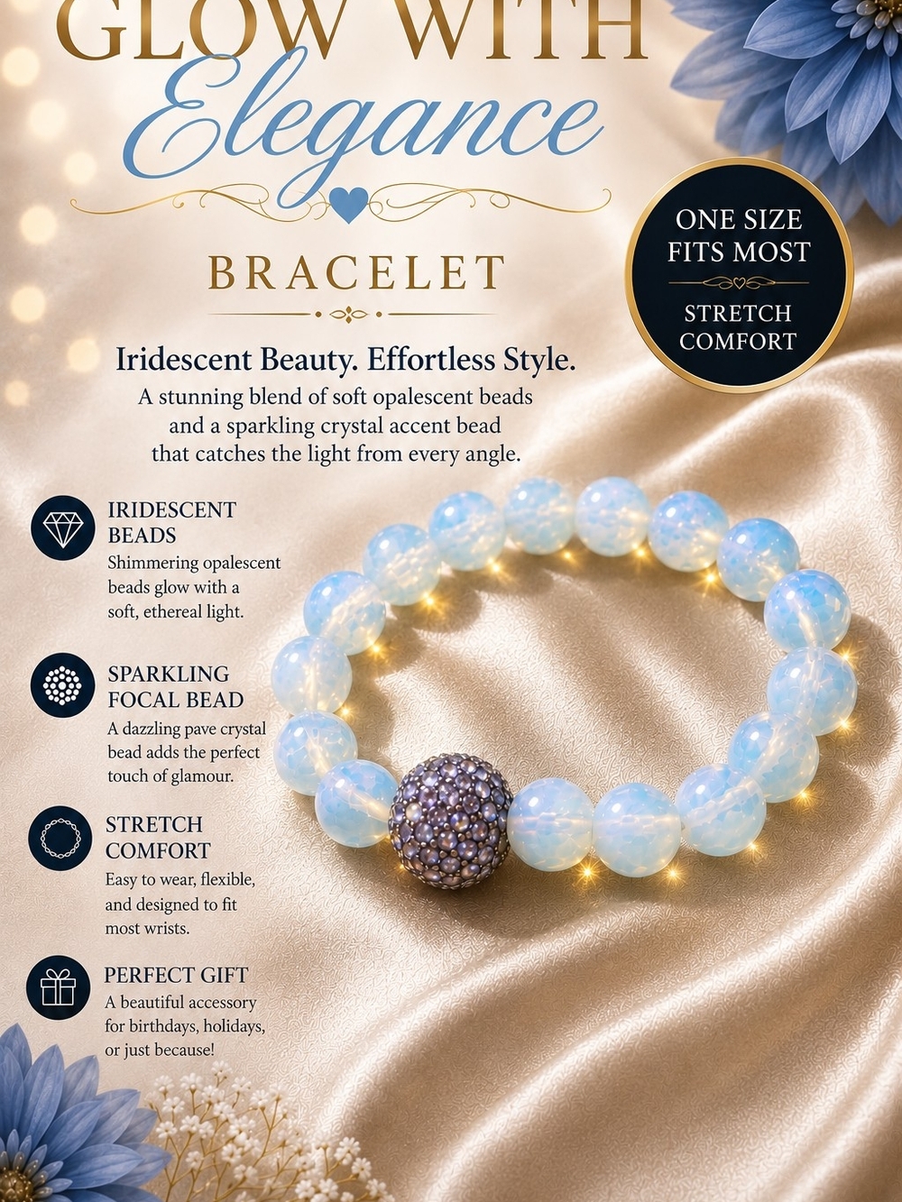 Opalescent Blue Stretch Bracelet with Sparkling Crystal Accent
